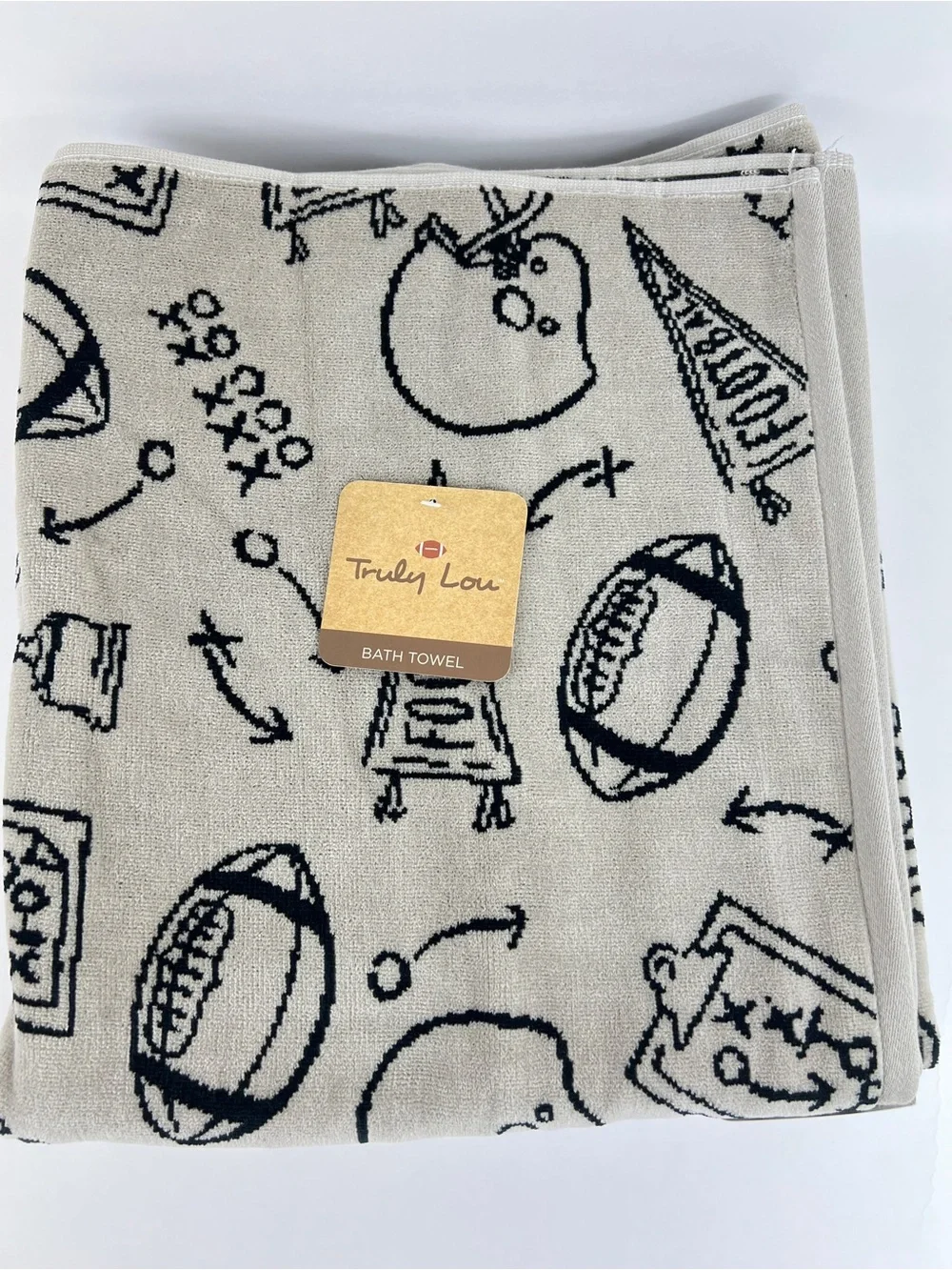 Truly Lou Bath Towels Fun Football Design Black Tan Soft Velour Cotton 6 Pc NEW